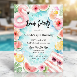 Invitation Flamingo Rose Tropical Piscine Anniversaire Aquare