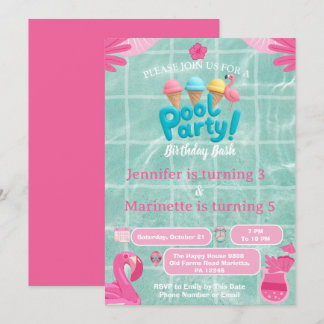 Invitation Flamingo Splash fête de piscine anniversaire enf