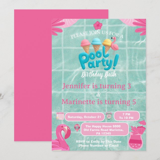 Invitation  Flamingo Splash  fête de piscine anniversaire enf (Devant / Derrière)