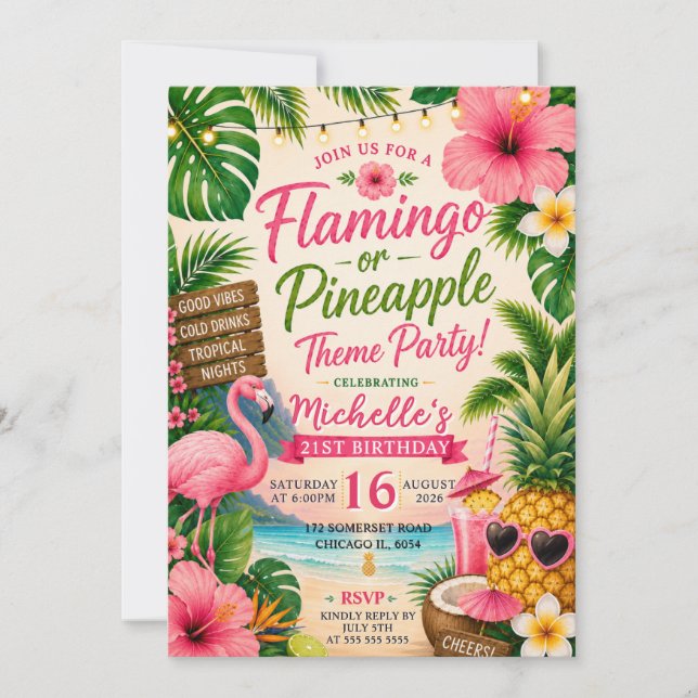 Invitation Flamingo Tropical Anniversaire 21 ans d'Ananas (Devant)