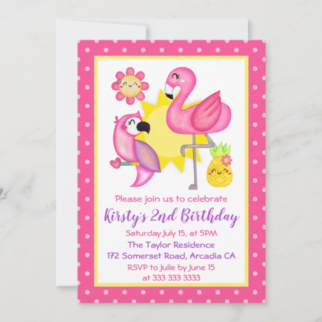 Invitation Flamingo Tropical et Anniversaire de Perroquet d'É (Devant)