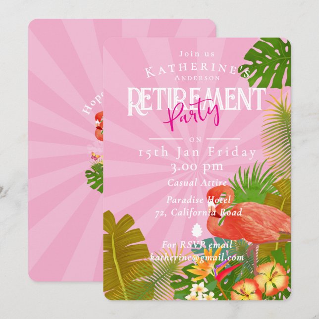 Invitation Flamingo Tropical Pink Retirement  (Devant / Derrière)