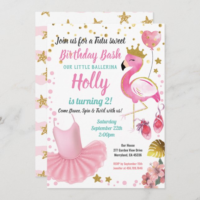 Invitation Flamingo Tutu Ballerina Fête d'anniversaire (Devant / Derrière)