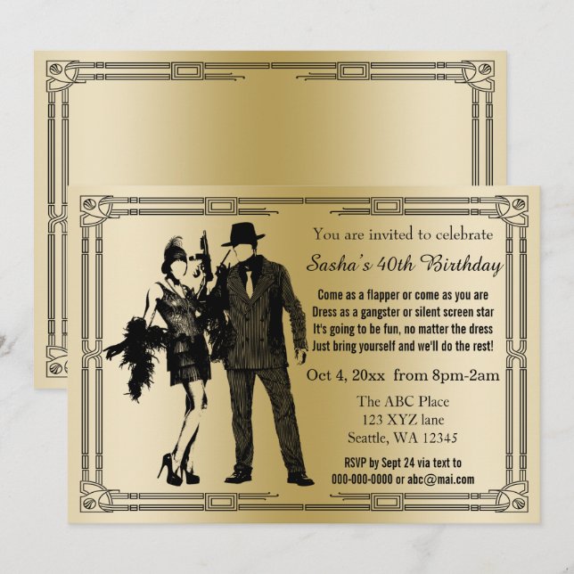 Invitation Flamme art déco des années 20 rugissante fille et  (Devant / Derrière)