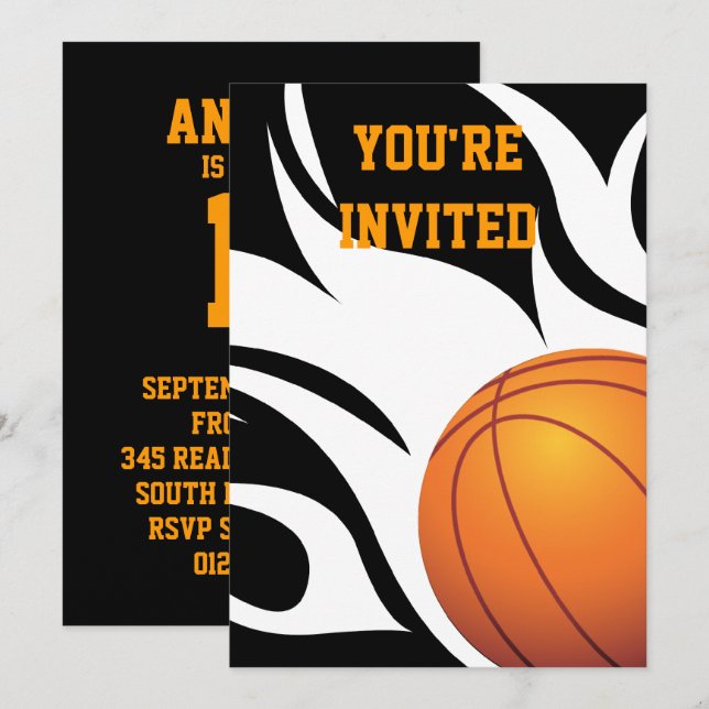 Invitation Flamme Basketball Anniversaire B/W (Devant / Derrière)