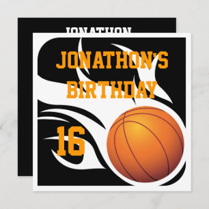 Invitation Flamme Basketball Birthday BW Party