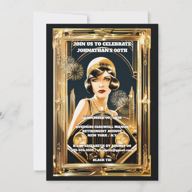 Invitation Flamme de Gatsby fille automobile 1920's party (Devant)