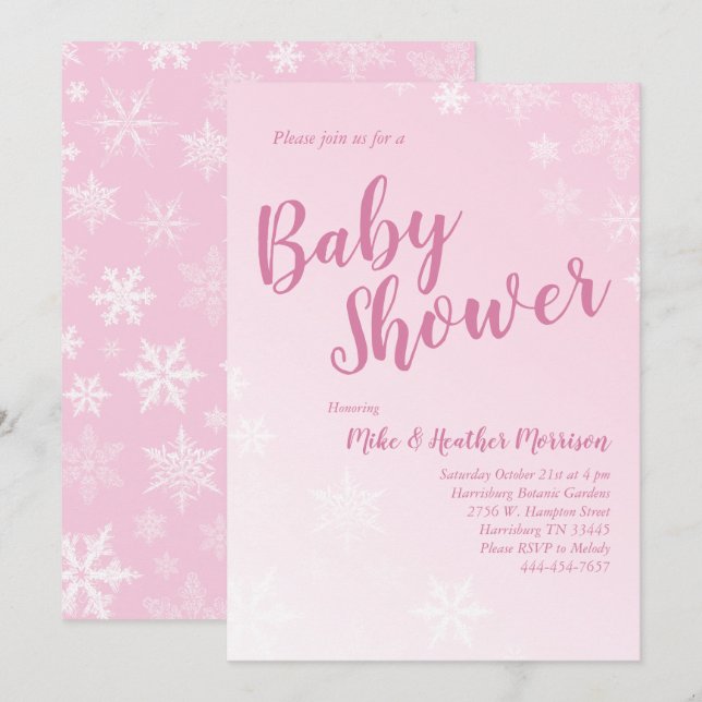 Invitation Flamme de neige d'hiver Baby shower fille rose (Devant / Derrière)