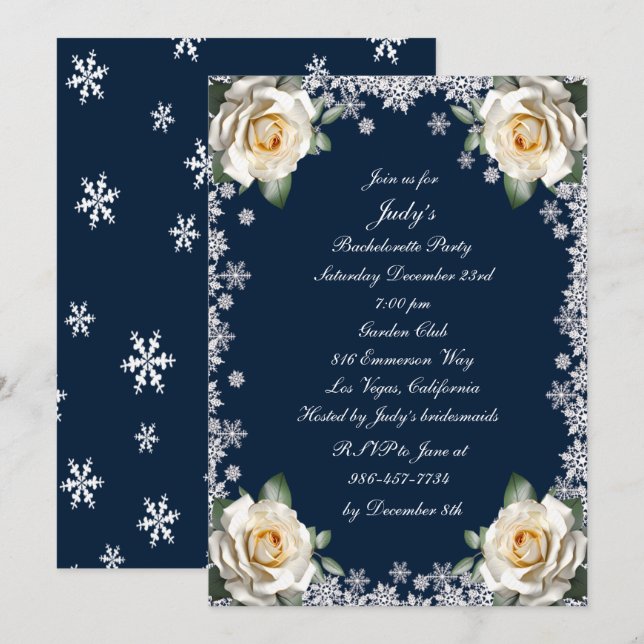 Invitation Flamme de neige Roses Blanches Fête de Noël Bachel (Devant / Derrière)