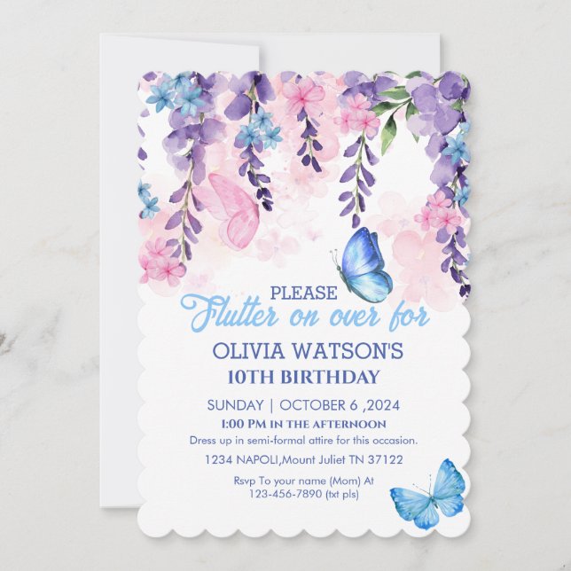 Invitation Flamme florale mignonne sur les papillons Annivers (Devant)