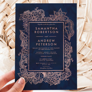 Invitation Flamme rose or bleu marine mariage d'aquarelle