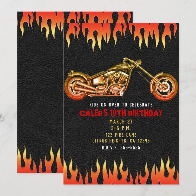 Invitation Flammes de feu rouges et orange moto vélo annivers (Devant / Derrière)