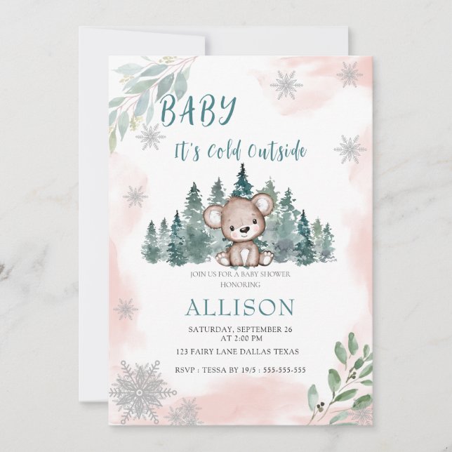 Invitation Flammes de neige de l'ours d'hiver Baby shower ros (Devant)