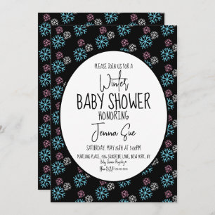 Invitation Flammes de neige d'hiver Baby shower bleu rose noi