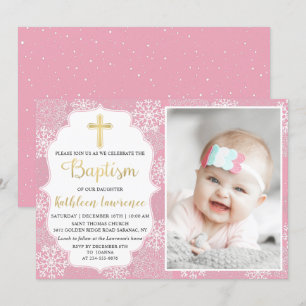 Invitation Flammes de neige d'hiver Baptême d'or rose clair