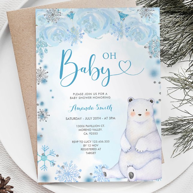 Invitation Flammes de neige d'hiver Ours Baby shower de fleur (Créateur téléchargé)
