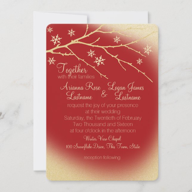 Invitation Flammes de neige en bois d'hiver Mariage rouge et  (Devant)