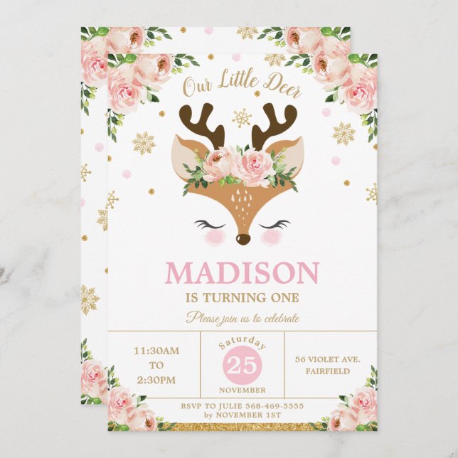 Invitation Flammes de neige florales de rennes Fête d'anniver (Devant / Derrière)