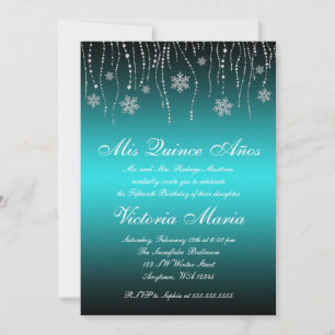 Invitation Flammes de neige noire turquoises Quinceanera fête