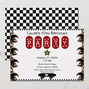 Invitation Flammes de skateboard de fête d'anniversaire de pl