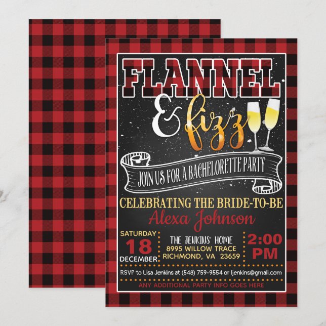 Invitation Flannel et Fizz Bachelorette Party - Rouge (Devant / Derrière)