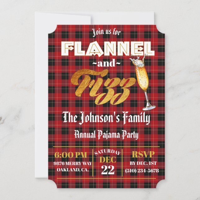 Invitation Flannel & Fizz Red|Black Plaid|Gold Foil Holiday (Devant)