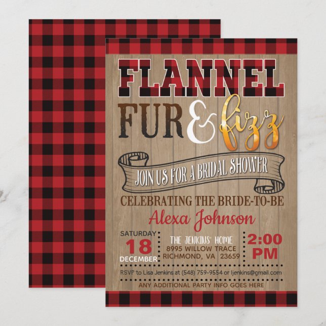 Invitation Flannel fourrure et Fête des mariées Fizz (Devant / Derrière)