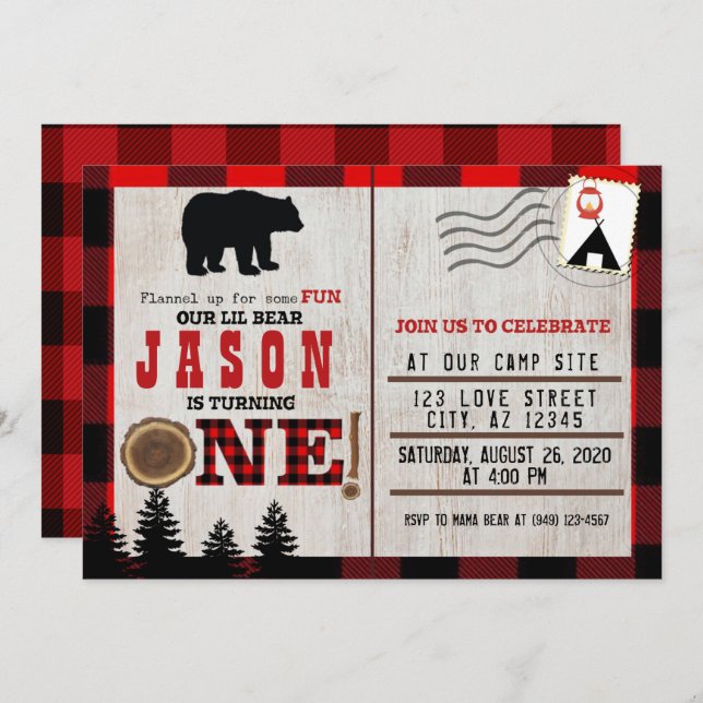 Invitation Flannel Little Bear Wild One 1er anniversaire (Devant / Derrière)