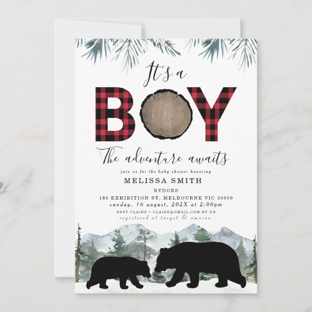 Invitation Flannel Lumberjack Ours C'est un Baby shower garço (Devant)