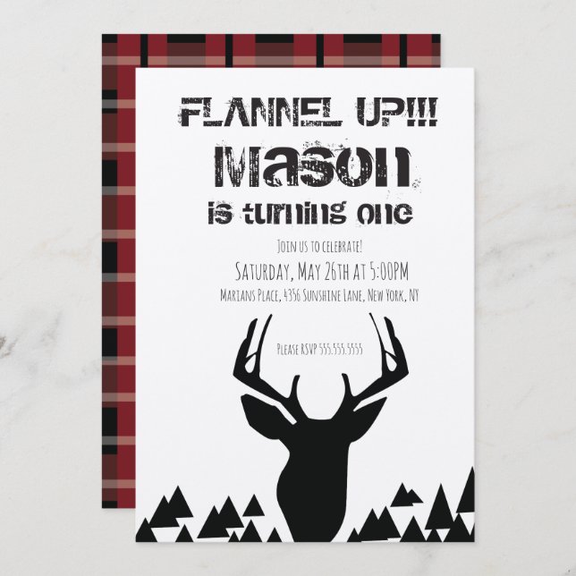 Invitation Flannel Up Plaid Christmas Deer Anniversaire (Devant / Derrière)