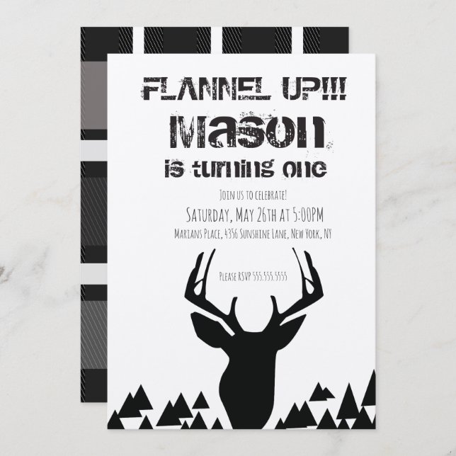 Invitation Flannel Up Plaid Fall Deer Anniversaire (Devant / Derrière)