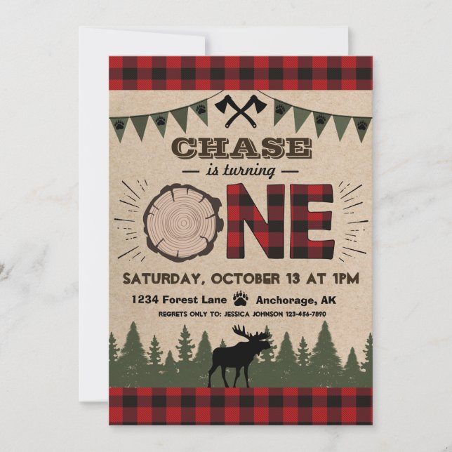 Invitation Flannel Wood Stump Forest Wilderness Anniversaire (Devant)