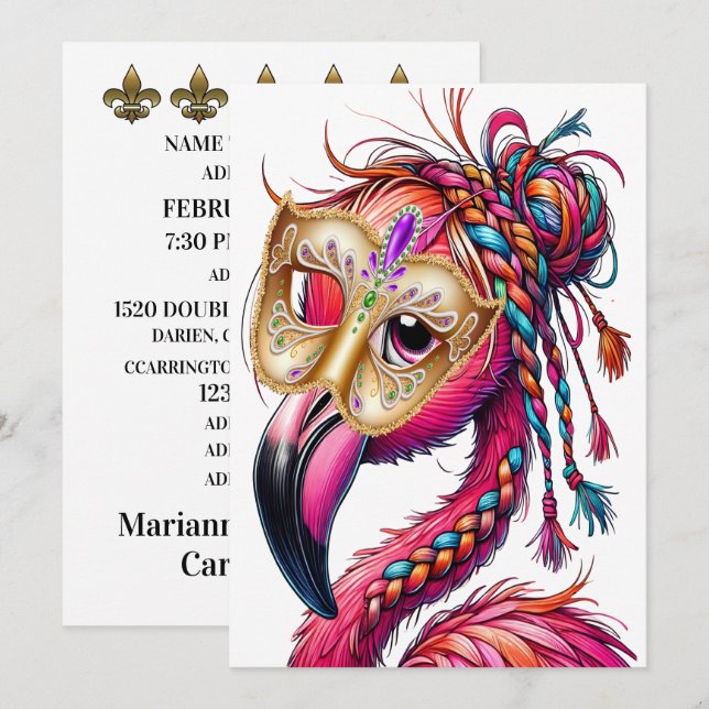 Invitation Flaunty Flamant rose Mardi Gras (Devant / Derrière)
