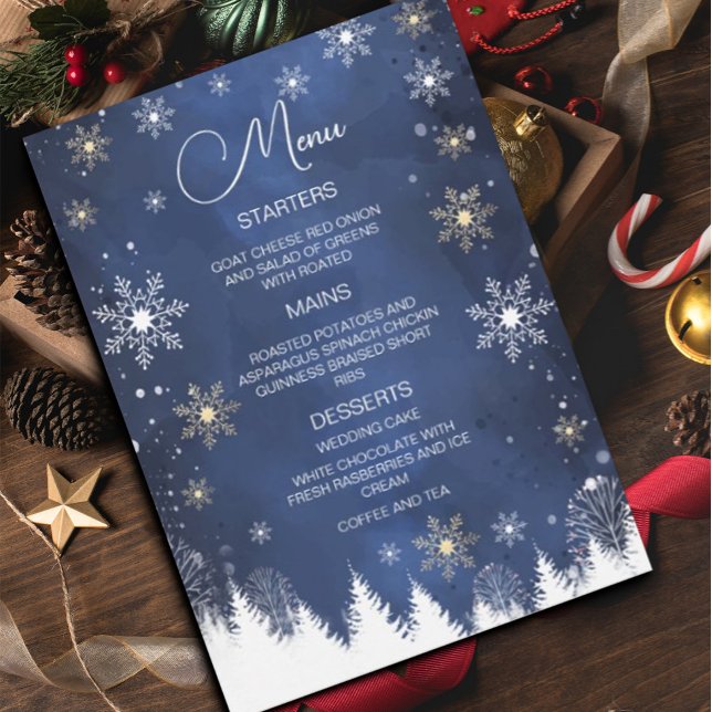 Invitation Flèche de neige moderne Marine et Mariage d'or (#menu #zazzlemade #Christmas #holiday #flyer #holidayflyer #menucard #snowflakes #navyblue #gold)