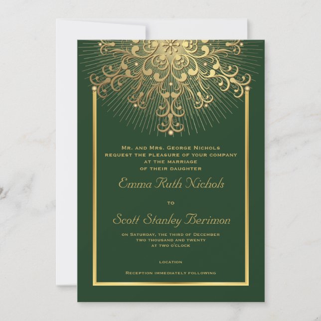 Invitation Flèche dorée sur le vert élégant mariage d'hiver (Devant)