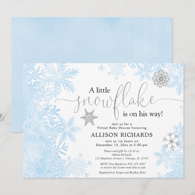 Invitation Flèche-neige en argent bleu baby shower virtuel (Devant / Derrière)
