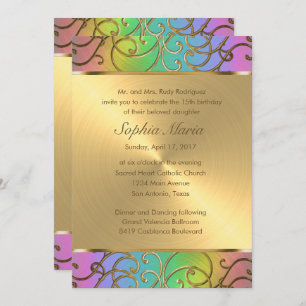 Invitation Flèches arc-en-ciel Quinceanera et Filigree or