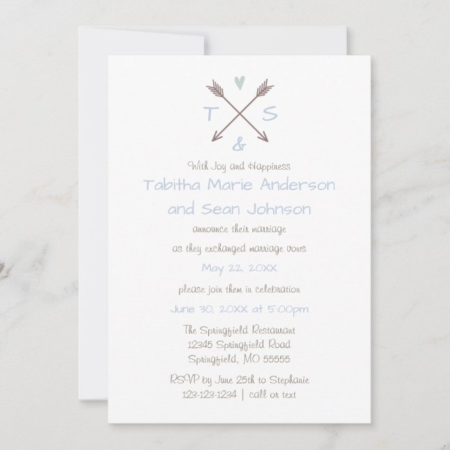 Invitation Flèches Cœur Bleu - Annonce de Mariage (Devant)