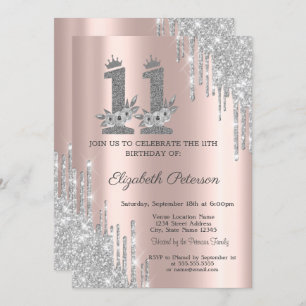 Invitation Flèches d'argent Fleurs Rose Or 11e anniversaire
