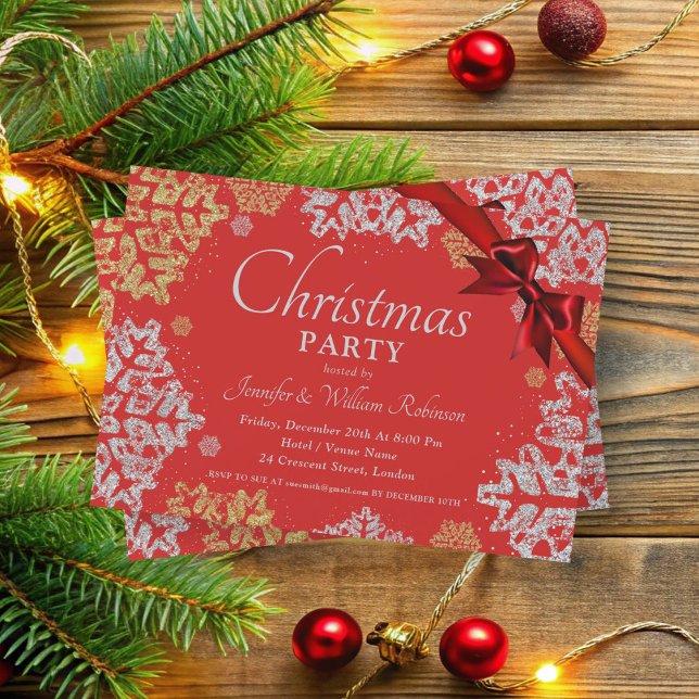 Invitation Flèches de neige en or et en argent Xmas Holiday R (Simple Gold & Silver Snowflakes Xmas Holiday Red Invitation)