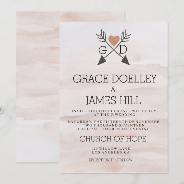 Invitation Flèches et coeur Rustique Aquarelle Mariage Invite (Devant / Derrière)