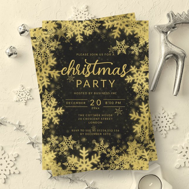 Invitation Flèches noires en or moderne Entreprise Noël (Modern Gold Black Snowflakes Company Christmas Invitation)