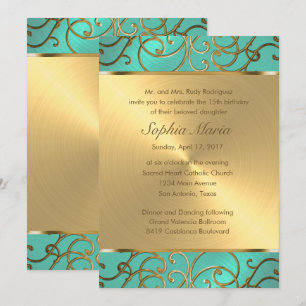 Invitation Flèches Quinceanera Aqua Green et Gold Filigree