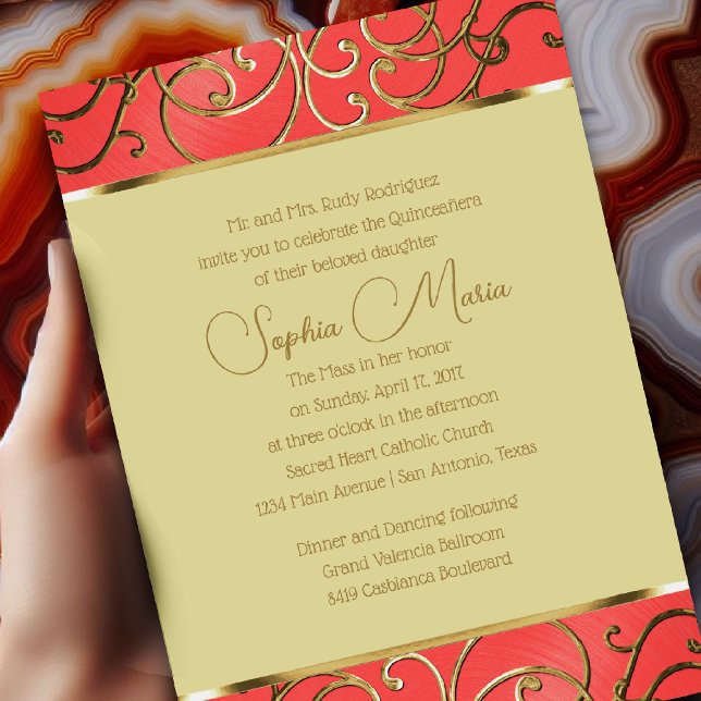 Invitation Flèches quinceañera Coral Rose et Gold Filigree (Créateur téléchargé)