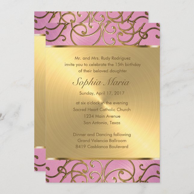 Invitation Flèches Quinceanera Lilac Pink et Gold Filigree (Devant / Derrière)