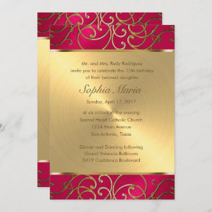 Invitation Flèches Quinceanera Magenta Rose et Filigree Or