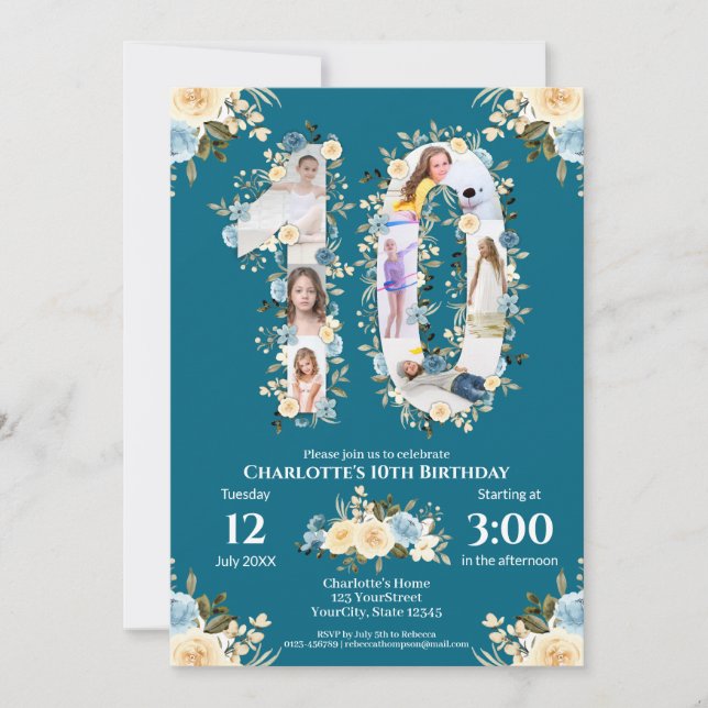 Invitation Fleur 10e anniversaire Turquoise photo Collage Jau (Devant)