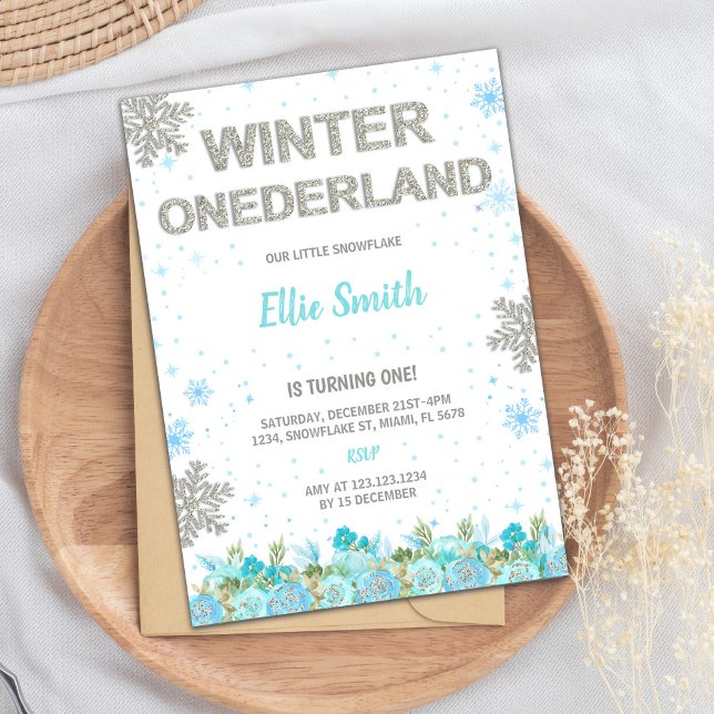 Invitation Fleur 1er anniversaire pour les filles (Green Floral Winter ONEderland Invitations)