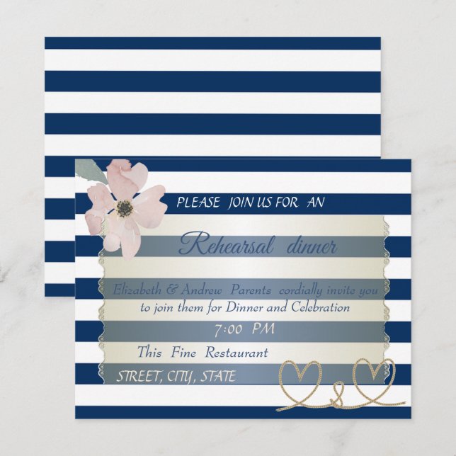 Invitation Fleur à rayures bleu marine, Dîner de répétition d (Devant / Derrière)