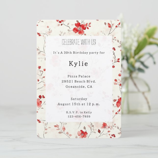 Invitation Fleur Anniversaire Rouge Crème   (Debout devant)